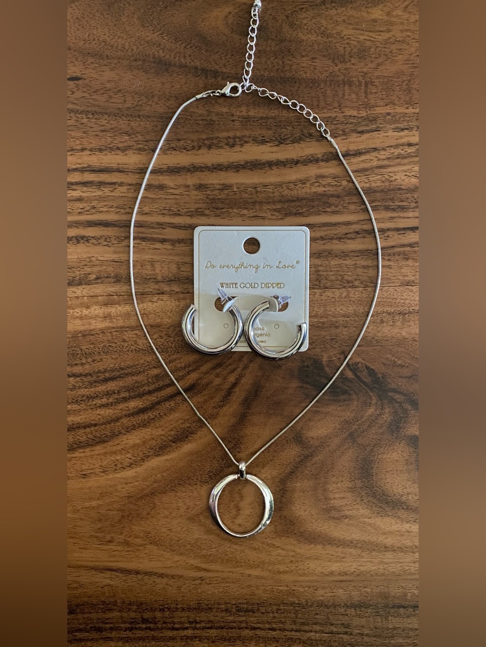 Do everything in love White Gold Dipped Hoops W/Silver Necklace